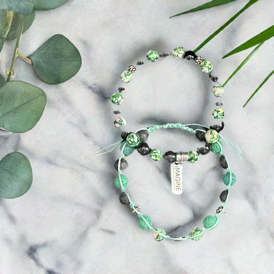 Magical Onyx & Green Flower Bracelet: Earthy charm, grounding lava rocks, and enchantment.