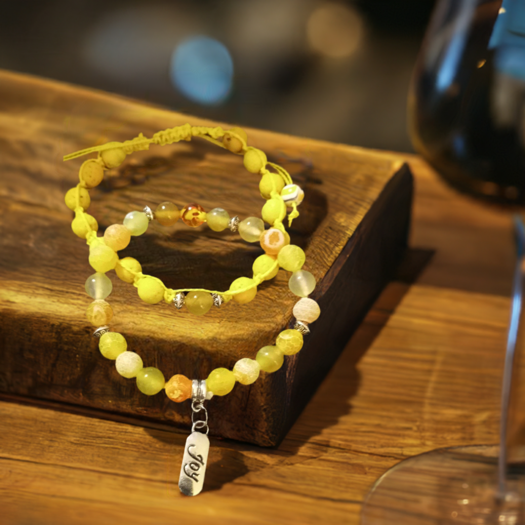 Sunshine Radiance" Yellow Stone and Assorted Glass Bead Diffuser Bracelet with Joy Charm and Yellow Lava Rocks