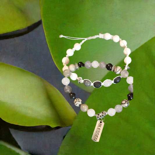 Harmony of Blessings Black Onyx, White, and Gray Stone Bead Diffuser Bracelet with Blessed Charm - Handcrafted with White Lava Rocks