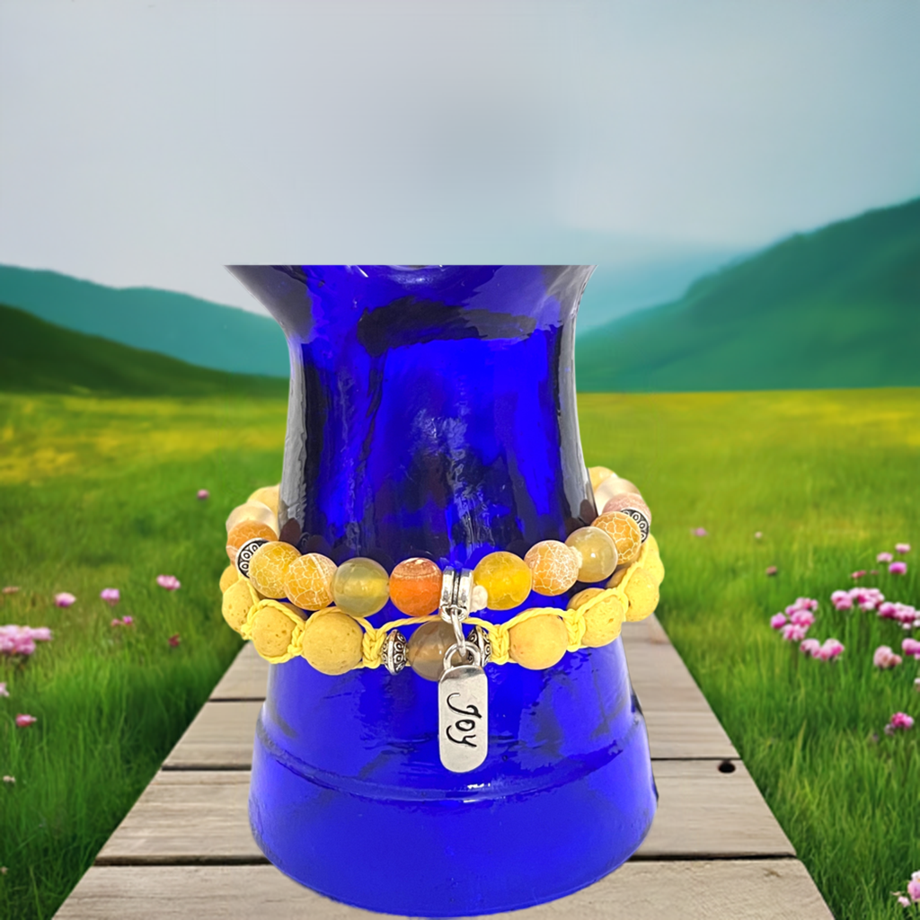 Sunshine Radiance" Yellow Stone and Assorted Glass Bead Diffuser Bracelet with Joy Charm and Yellow Lava Rocks