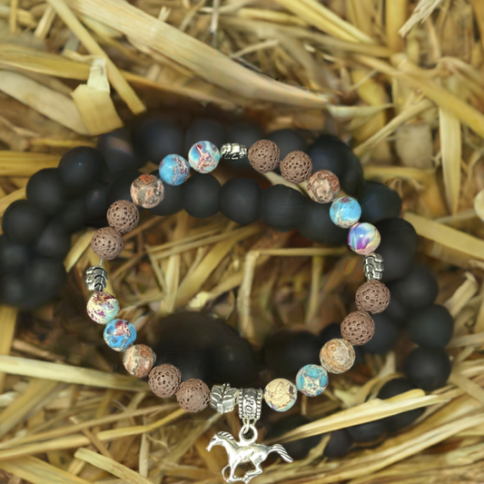 Turquoise Horse Charm Bracelet: Colorful Beads and Earthy Lava Rocks